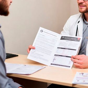 Врач в белом халате с очками показывает буклет пациенту за столом